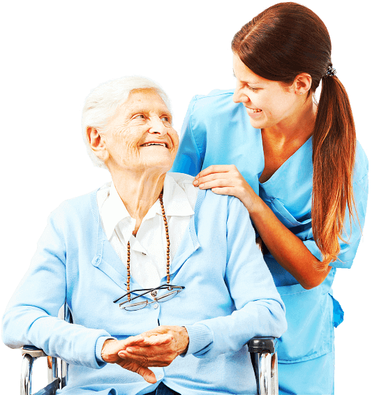 senior woman and nurse smiling