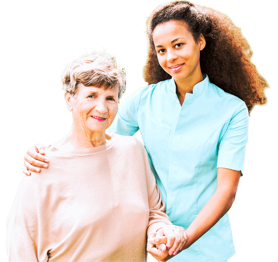 senior woman and caregiver smiling